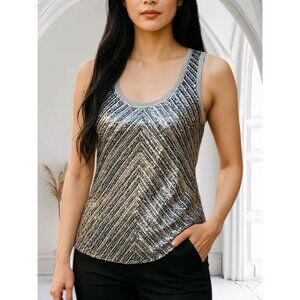 Chances Sequin Tank Top Womens L Silver Racerback Classy Travel Night Life Bling